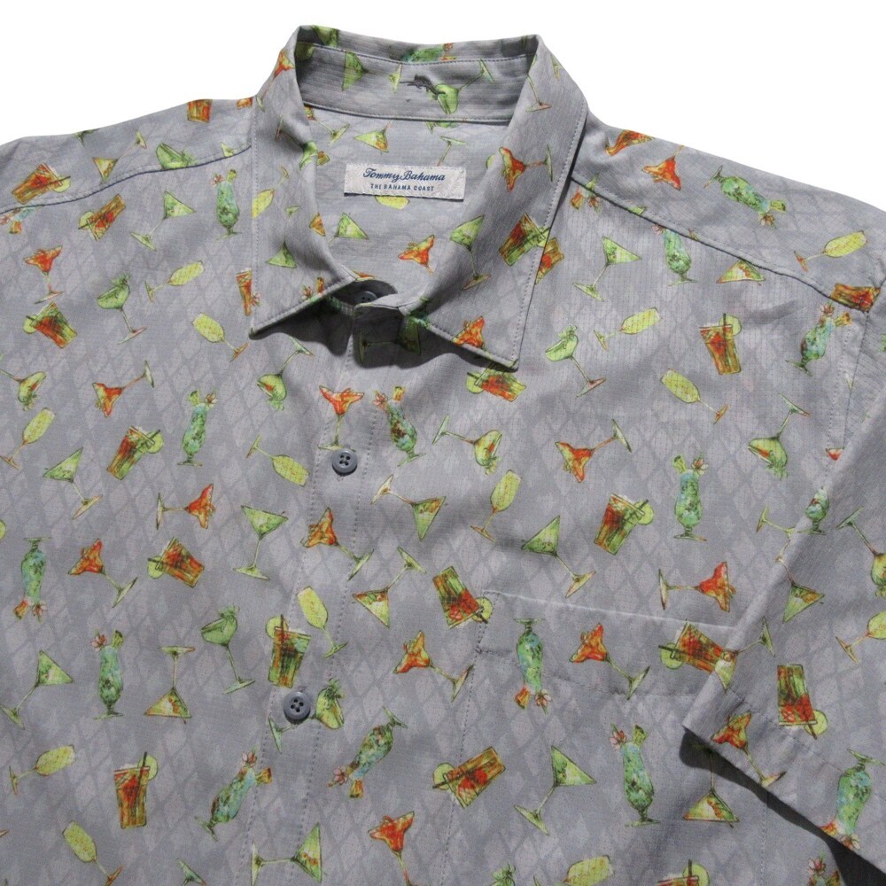 Tommy Bahama Mens Button Up Shirt 2XL Gray Allover‎ Cocktail Graphic Stretch